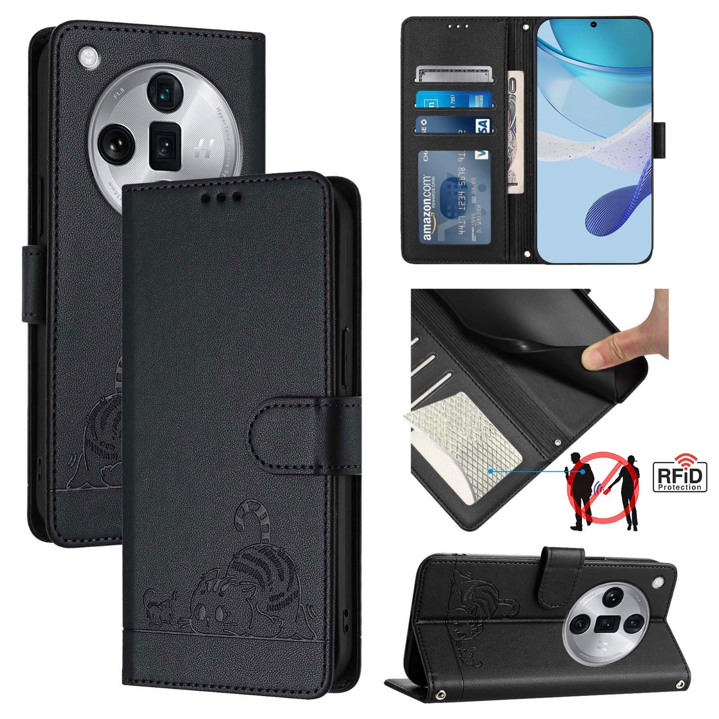 OPPO Find X7 Ultra Leather Phone Case with Cat and Rat Embossed Pattern, RFID Protection, Card Holder Slots, Anti-fall Feature & Lanyard