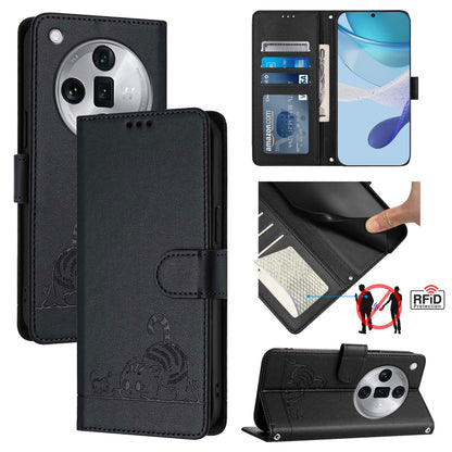 OPPO Find X7 Ultra Leather Phone Case with Cat and Rat Embossed Pattern, RFID Protection, Card Holder Slots, Anti-fall Feature & Lanyard