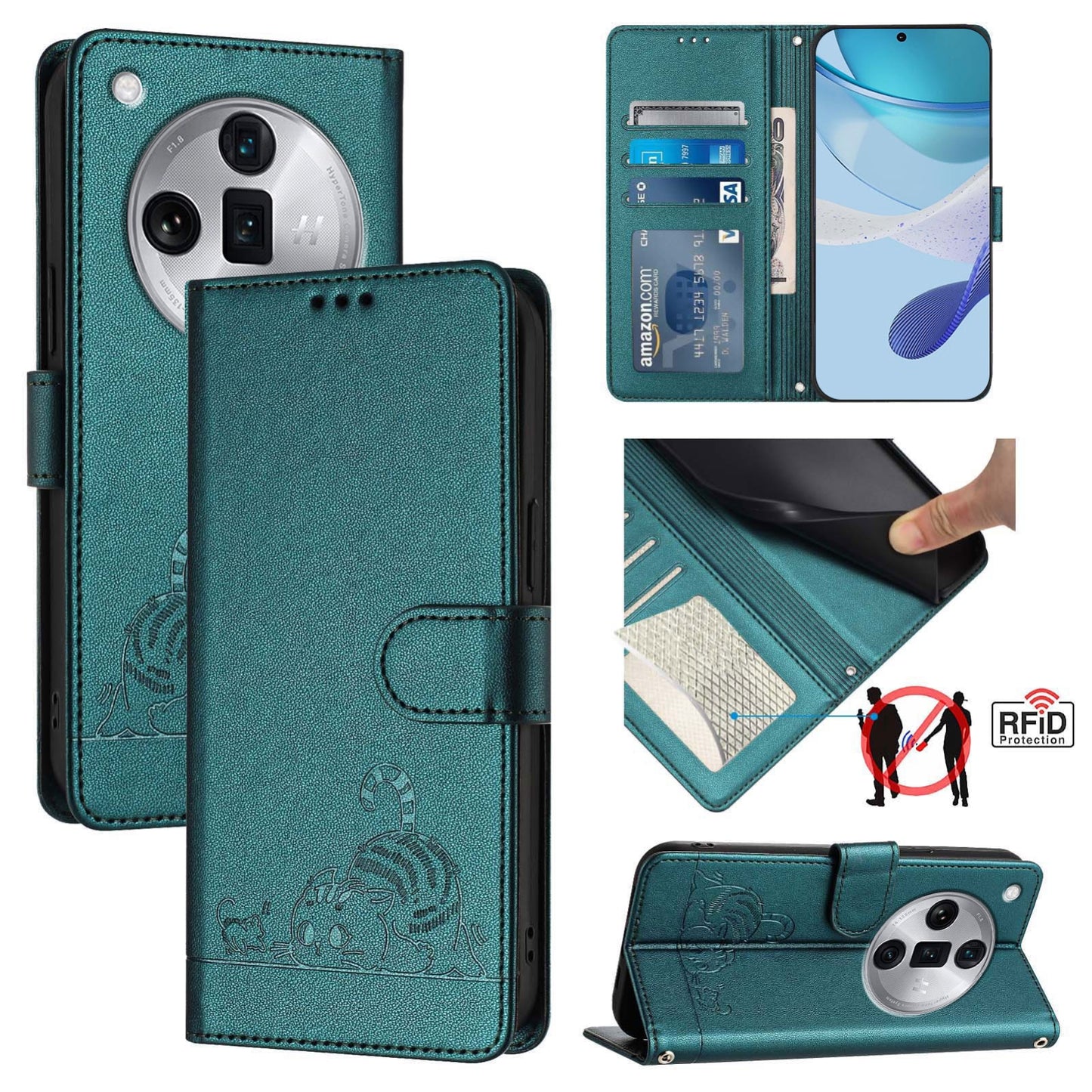 OPPO Find X7 Ultra Leather Phone Case with Cat and Rat Embossed Pattern, RFID Protection, Card Holder Slots, Anti-fall Feature & Lanyard