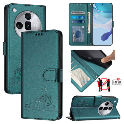 OPPO Find X7 Ultra Leather Phone Case with Cat and Rat Embossed Pattern, RFID Protection, Card Holder Slots, Anti-fall Feature & Lanyard