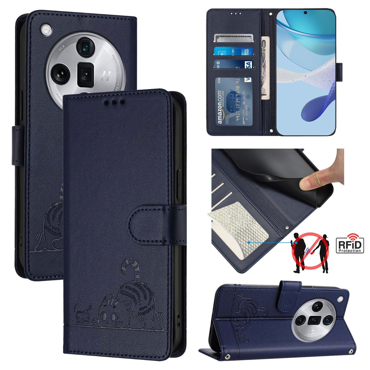 OPPO Find X7 Ultra Leather Phone Case with Cat and Rat Embossed Pattern, RFID Protection, Card Holder Slots, Anti-fall Feature & Lanyard