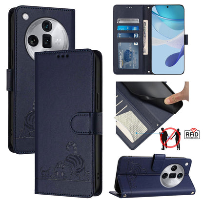 OPPO Find X7 Ultra Leather Phone Case with Cat and Rat Embossed Pattern, RFID Protection, Card Holder Slots, Anti-fall Feature & Lanyard