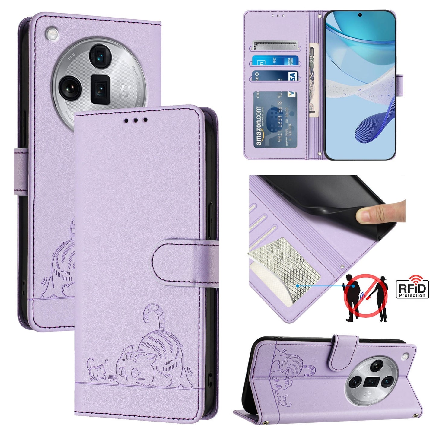 OPPO Find X7 Ultra Leather Phone Case with Cat and Rat Embossed Pattern, RFID Protection, Card Holder Slots, Anti-fall Feature & Lanyard