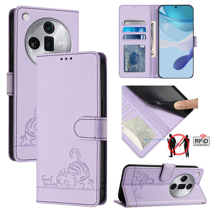 OPPO Find X7 Ultra Leather Phone Case with Cat and Rat Embossed Pattern, RFID Protection, Card Holder Slots, Anti-fall Feature & Lanyard
