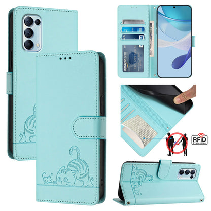 OPPO Reno5 5G Leather Phone Case with Cat and Rat Embossed Pattern, RFID Protection, Card Holder Slots, Anti-fall Feature & Lanyard