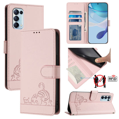 OPPO Reno5 5G Leather Phone Case with Cat and Rat Embossed Pattern, RFID Protection, Card Holder Slots, Anti-fall Feature & Lanyard