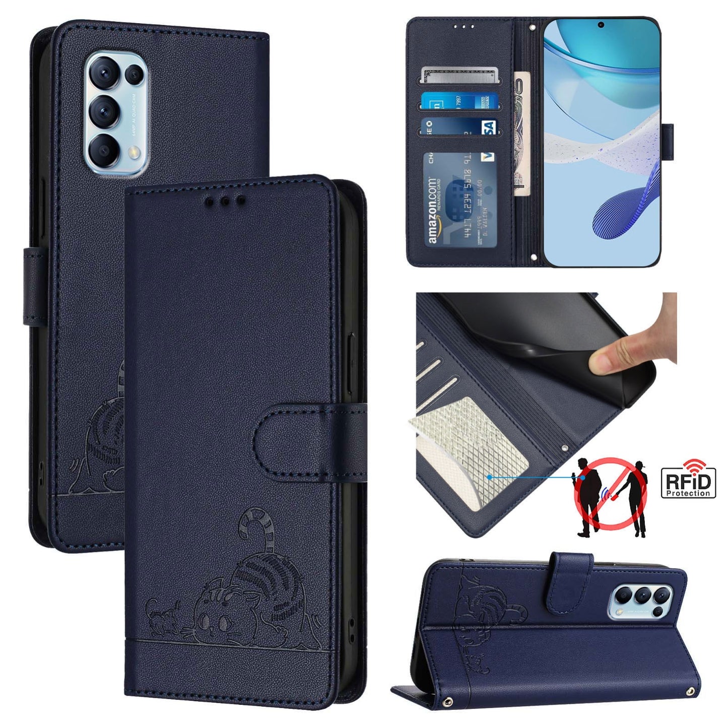 OPPO Reno5 4G Leather Phone Case with Cat and Rat Embossed Pattern, RFID Protection, Card Holder Slots, Anti-fall Feature & Lanyard