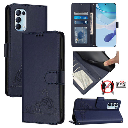 OPPO Reno5 5G Leather Phone Case with Cat and Rat Embossed Pattern, RFID Protection, Card Holder Slots, Anti-fall Feature & Lanyard