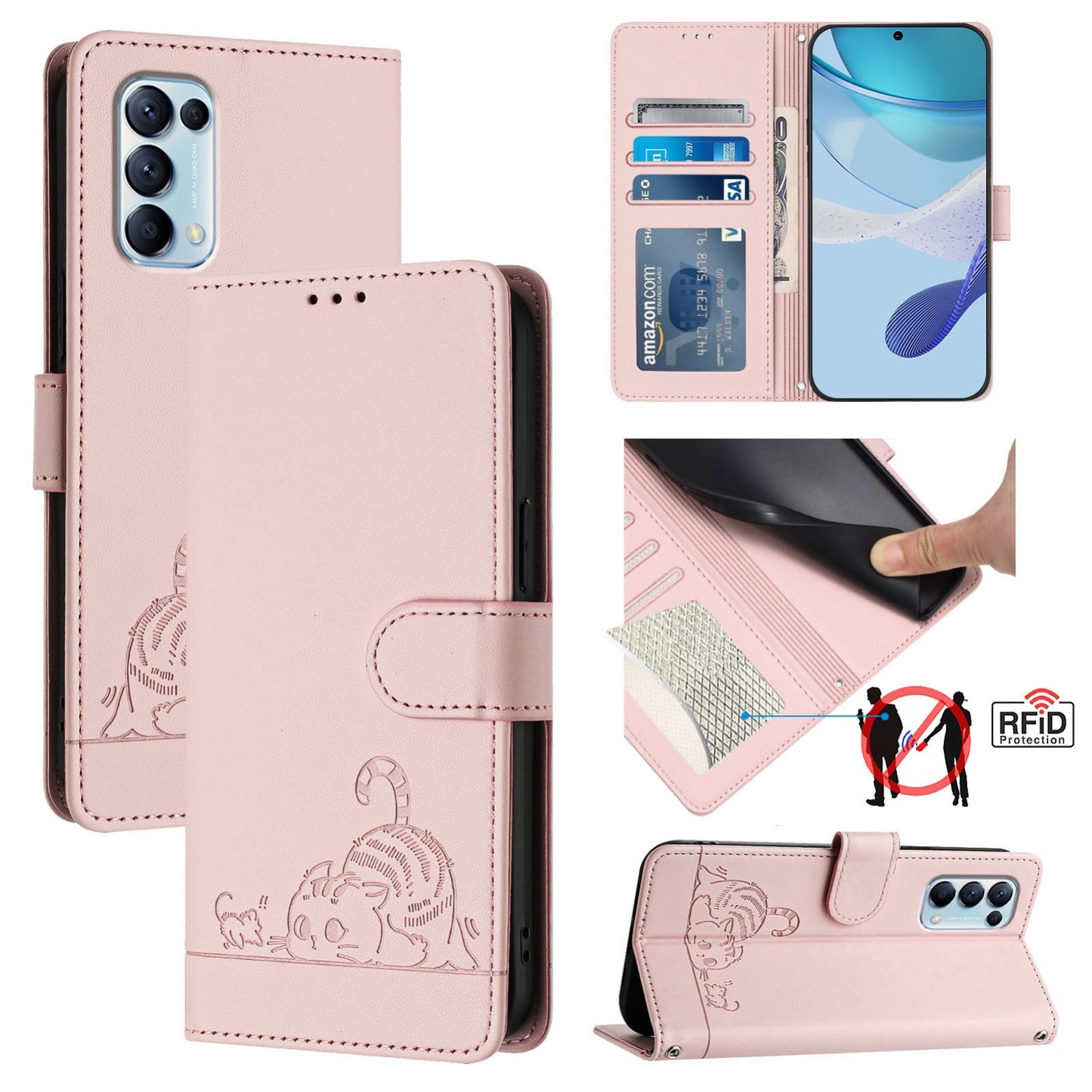 OPPO Find X3 Lite Leather Phone Case with Cat and Rat Embossed Pattern, RFID Protection, Card Holder Slots, Anti-fall Feature & Lanyard