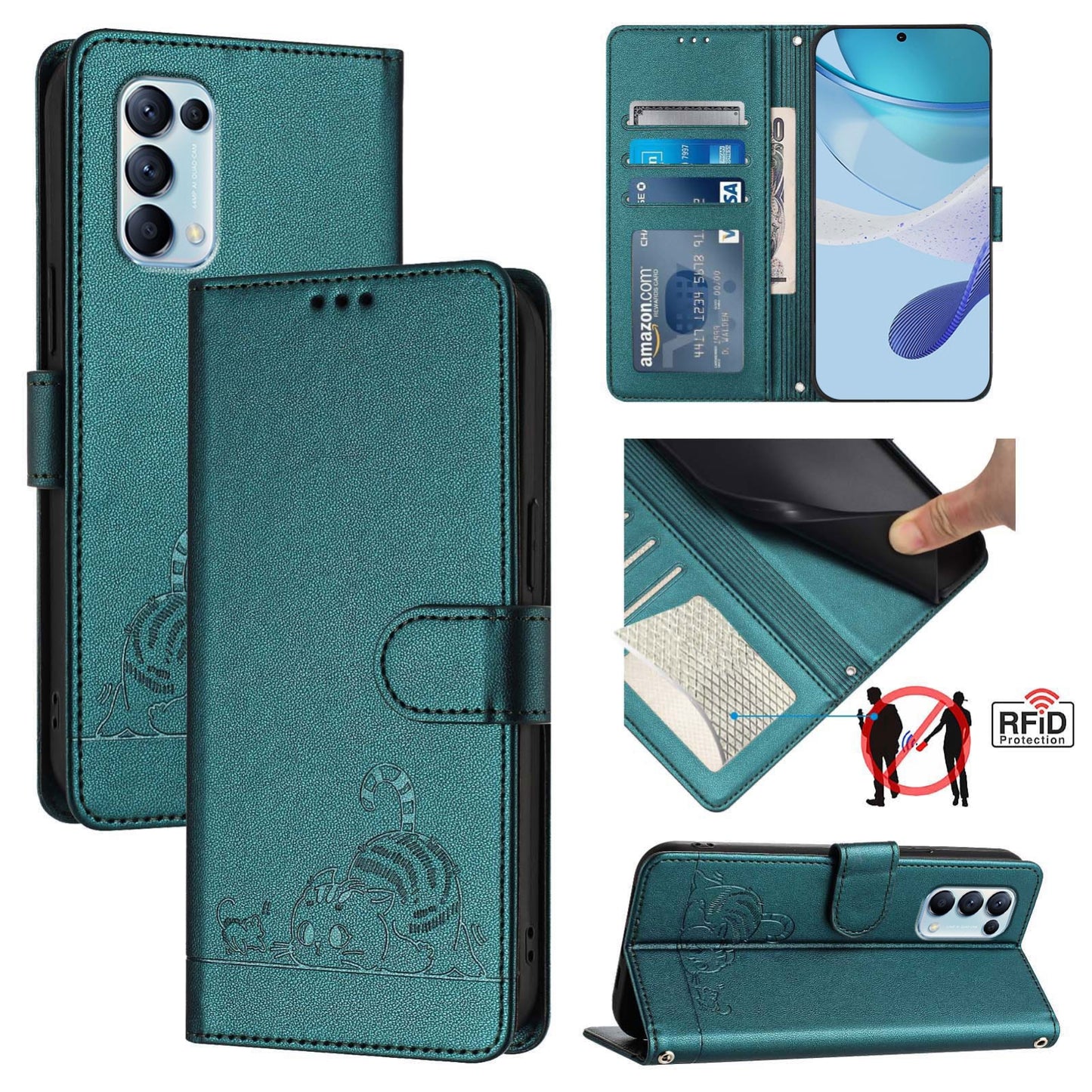 OPPO Find X3 Lite Leather Phone Case with Cat and Rat Embossed Pattern, RFID Protection, Card Holder Slots, Anti-fall Feature & Lanyard