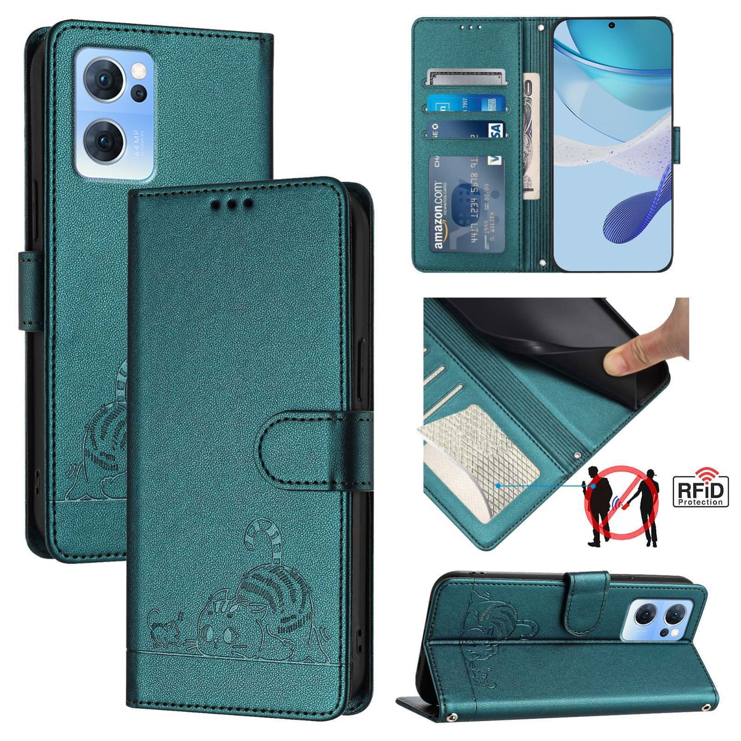 OPPO Reno7 5G Global Leather Phone Case with Cat and Rat Embossed Pattern, RFID Protection, Card Holder Slots, Anti-fall Feature & Lanyard