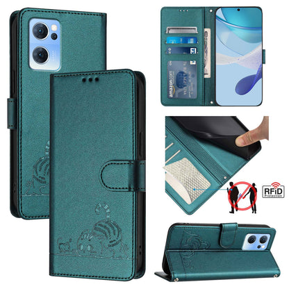 OPPO Reno7 5G Global Leather Phone Case with Cat and Rat Embossed Pattern, RFID Protection, Card Holder Slots, Anti-fall Feature & Lanyard