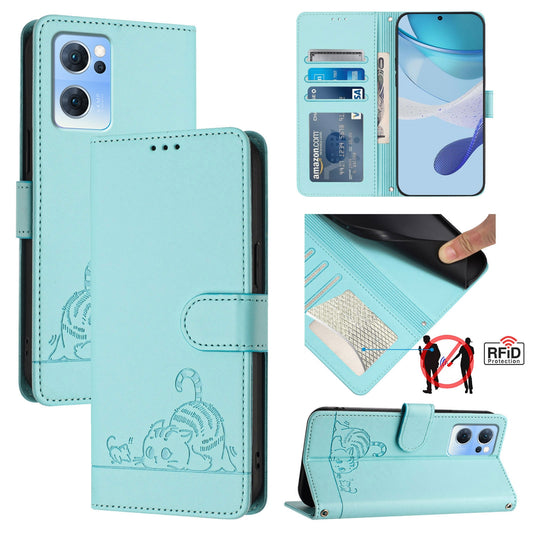 OPPO Find X5 Lite Leather Phone Case with Cat and Rat Embossed Pattern, RFID Protection, Card Holder Slots, Anti-fall Feature & Lanyard