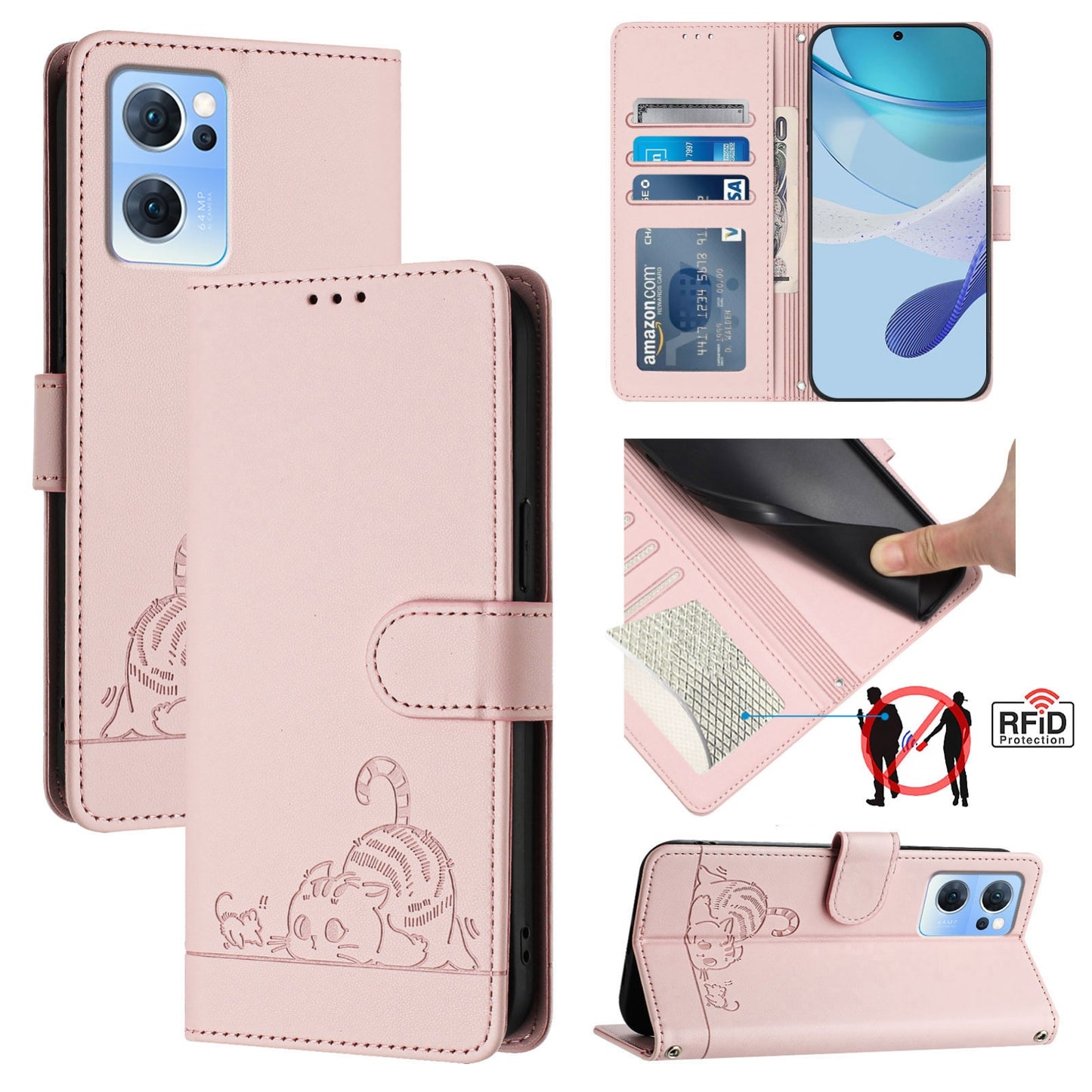 OPPO Find X5 Lite Leather Phone Case with Cat and Rat Embossed Pattern, RFID Protection, Card Holder Slots, Anti-fall Feature & Lanyard