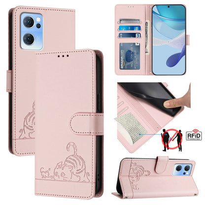 OPPO Find X5 Lite Leather Phone Case with Cat and Rat Embossed Pattern, RFID Protection, Card Holder Slots, Anti-fall Feature & Lanyard