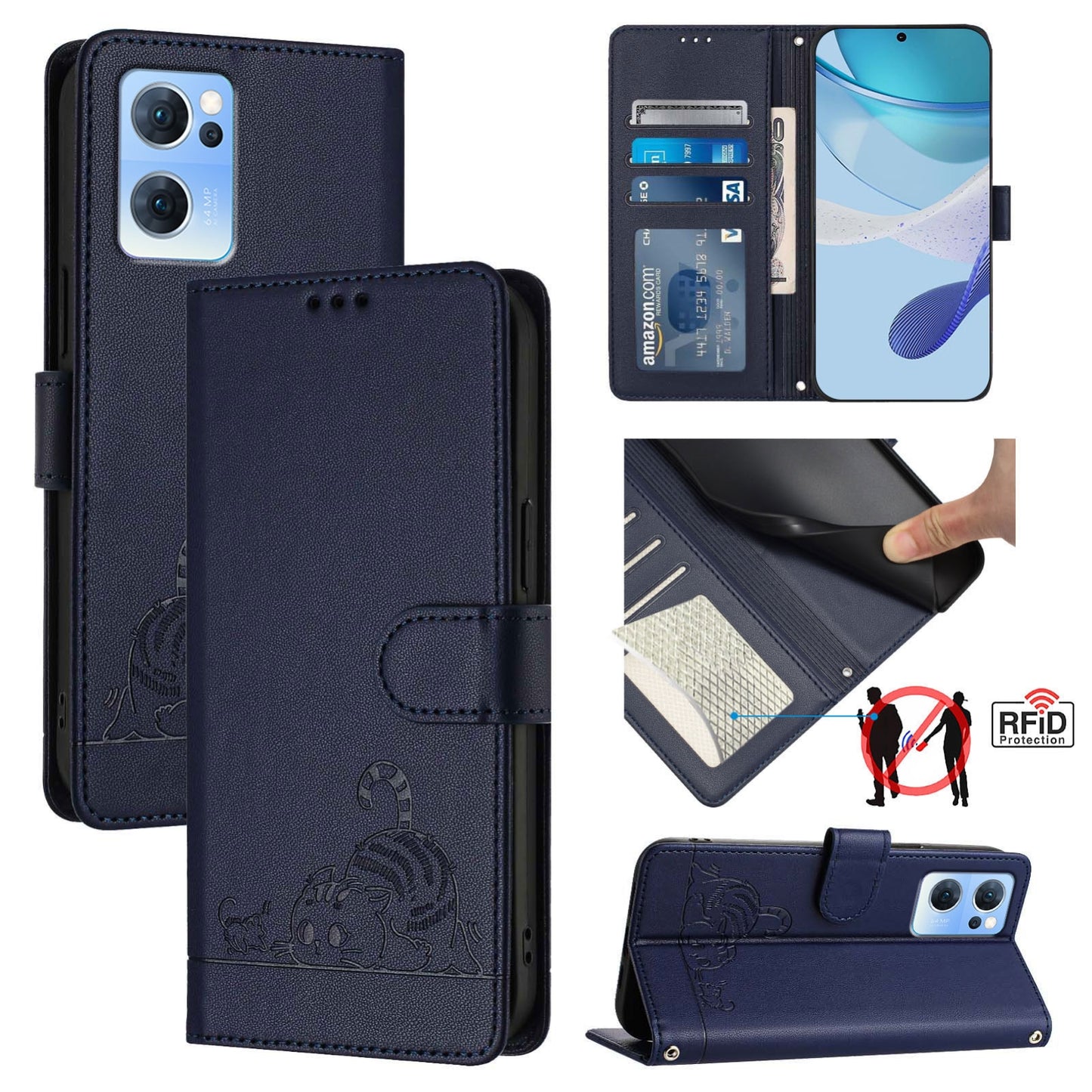 OPPO Find X5 Lite Leather Phone Case with Cat and Rat Embossed Pattern, RFID Protection, Card Holder Slots, Anti-fall Feature & Lanyard