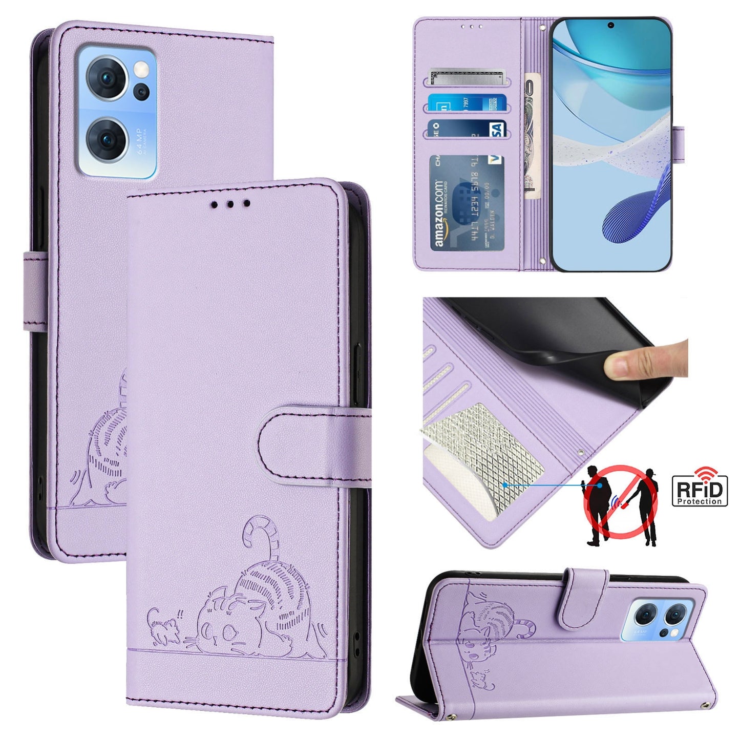 OPPO Find X5 Lite Leather Phone Case with Cat and Rat Embossed Pattern, RFID Protection, Card Holder Slots, Anti-fall Feature & Lanyard