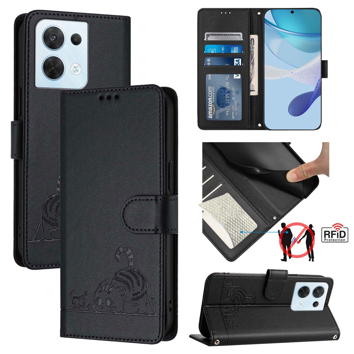OPPO Reno8 5G Global Leather Phone Case with Cat and Rat Embossed Pattern, RFID Protection, Card Holder Slots, Anti-fall Feature & Lanyard