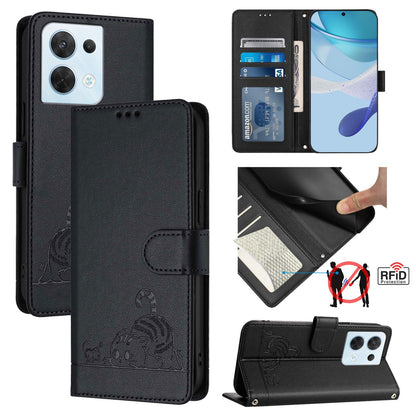 OPPO Reno8 5G Global Leather Phone Case with Cat and Rat Embossed Pattern, RFID Protection, Card Holder Slots, Anti-fall Feature & Lanyard