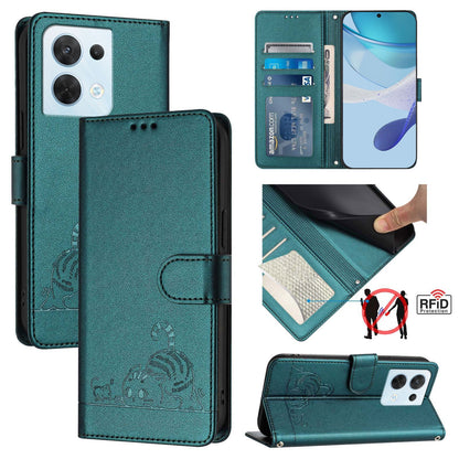 OPPO Reno8 5G Global Leather Phone Case with Cat and Rat Embossed Pattern, RFID Protection, Card Holder Slots, Anti-fall Feature & Lanyard