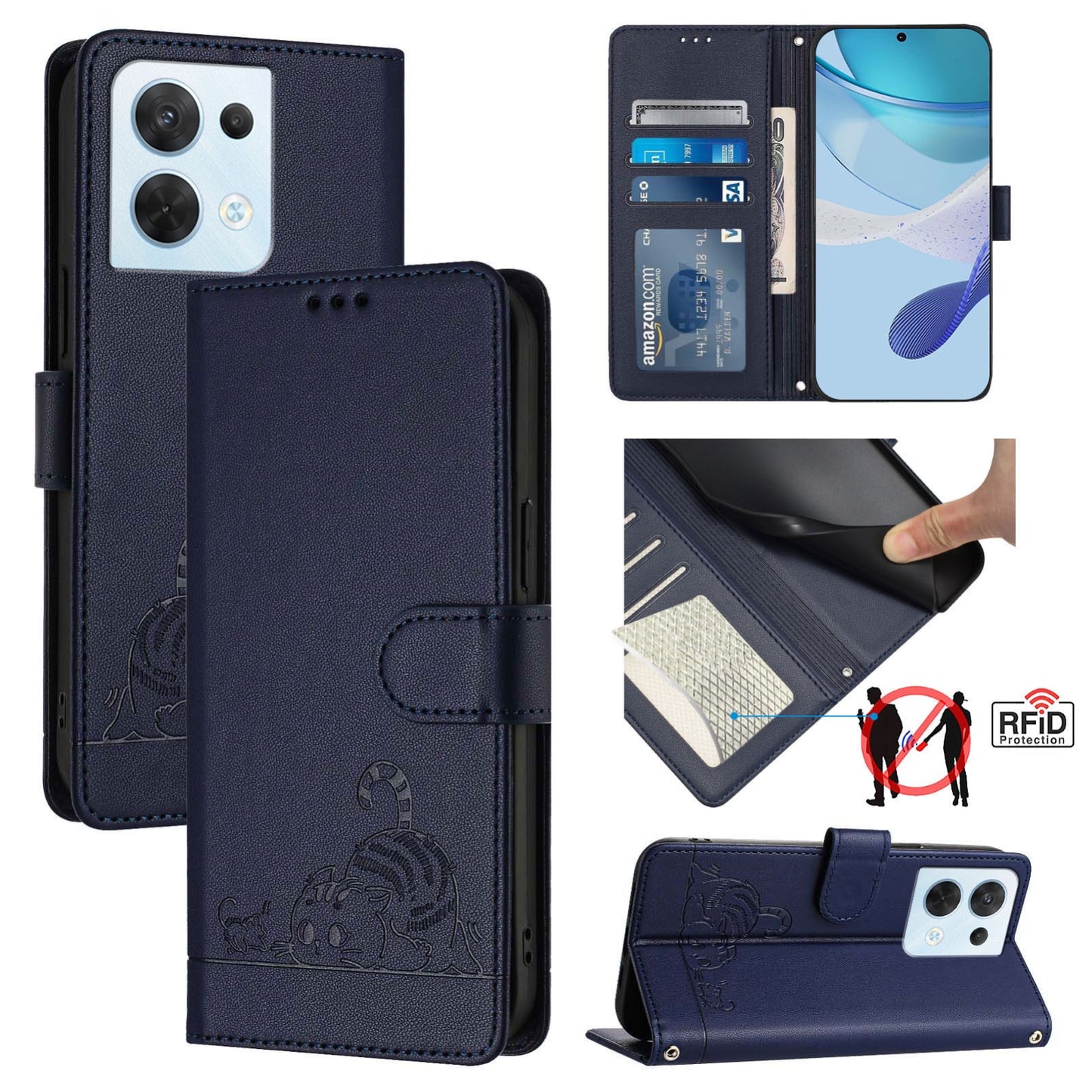 OPPO Reno8 5G Global Leather Phone Case with Cat and Rat Embossed Pattern, RFID Protection, Card Holder Slots, Anti-fall Feature & Lanyard