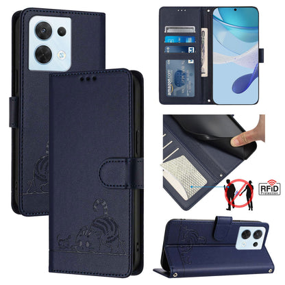 OPPO Reno8 5G Global Leather Phone Case with Cat and Rat Embossed Pattern, RFID Protection, Card Holder Slots, Anti-fall Feature & Lanyard
