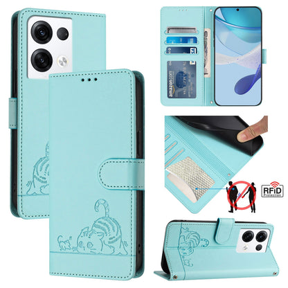 OPPO Reno8 Pro 5G Global Leather Phone Case with Cat and Rat Embossed Pattern, RFID Protection, Card Holder Slots, Anti-fall Feature & Lanyard