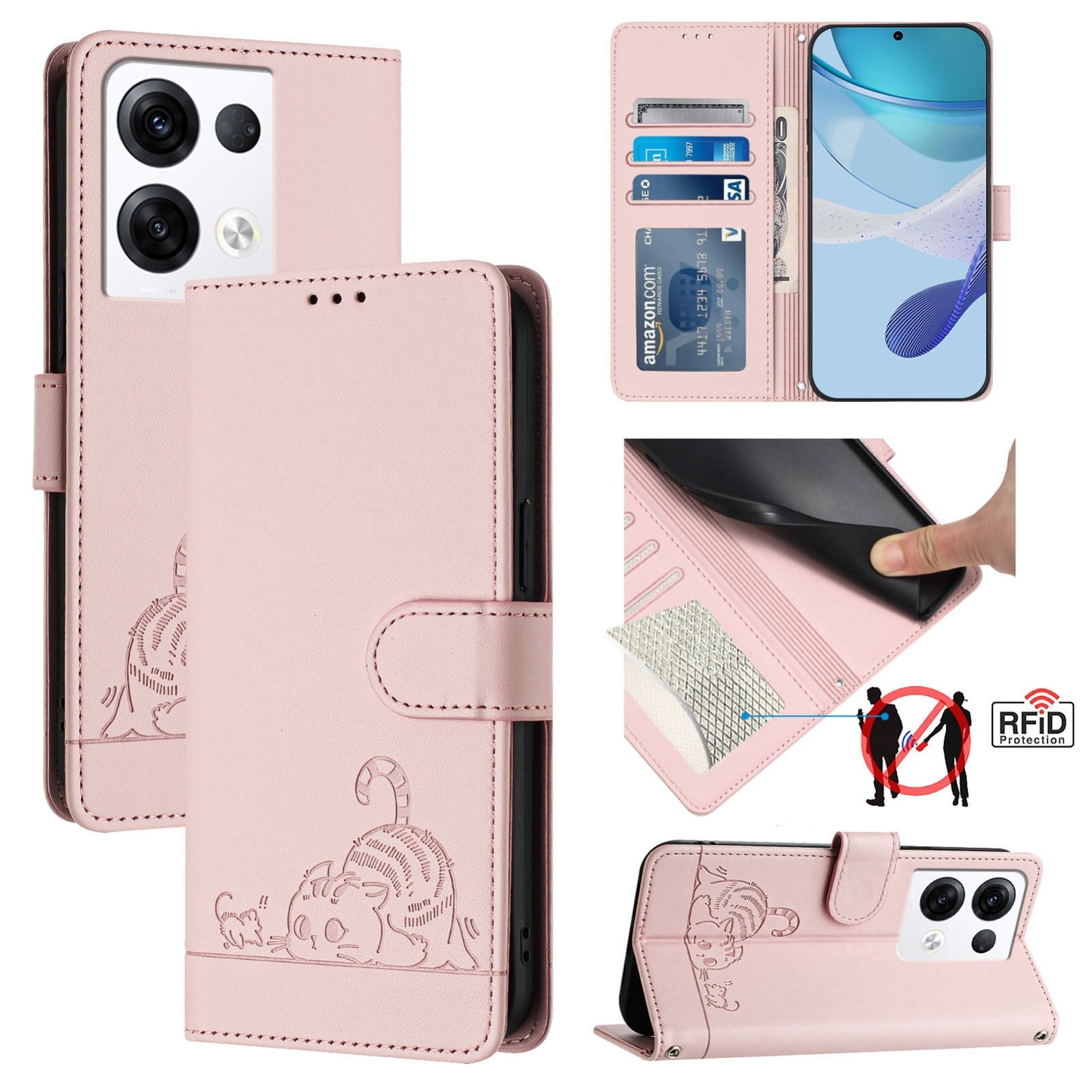 OPPO Reno8 Pro 5G Global Leather Phone Case with Cat and Rat Embossed Pattern, RFID Protection, Card Holder Slots, Anti-fall Feature & Lanyard