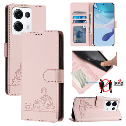 OPPO Reno8 Pro 5G Global Leather Phone Case with Cat and Rat Embossed Pattern, RFID Protection, Card Holder Slots, Anti-fall Feature & Lanyard