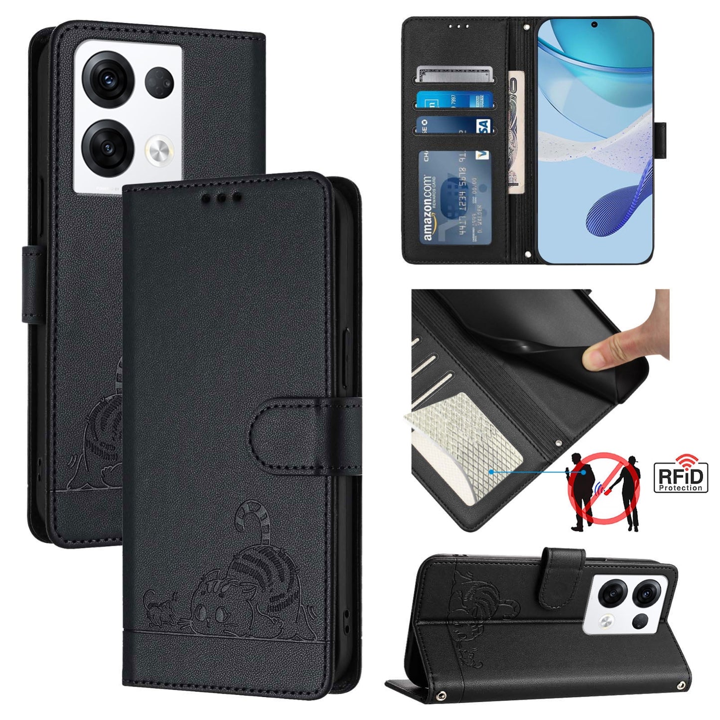 OPPO Reno8 Pro 5G Global Leather Phone Case with Cat and Rat Embossed Pattern, RFID Protection, Card Holder Slots, Anti-fall Feature & Lanyard