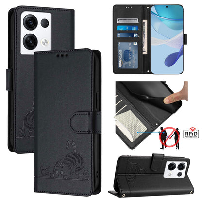 OPPO Reno8 Pro 5G Global Leather Phone Case with Cat and Rat Embossed Pattern, RFID Protection, Card Holder Slots, Anti-fall Feature & Lanyard