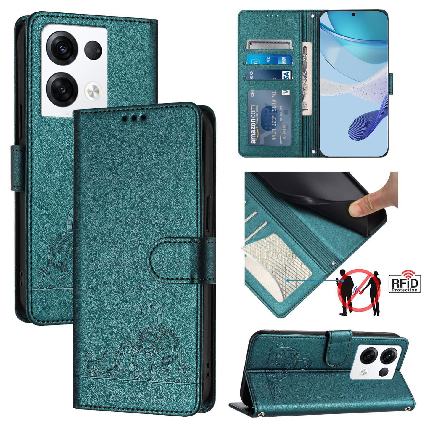 OPPO Reno8 Pro 5G Global Leather Phone Case with Cat and Rat Embossed Pattern, RFID Protection, Card Holder Slots, Anti-fall Feature & Lanyard