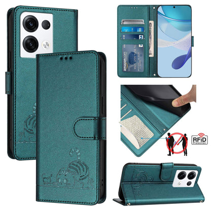 OPPO Reno8 Pro 5G Global Leather Phone Case with Cat and Rat Embossed Pattern, RFID Protection, Card Holder Slots, Anti-fall Feature & Lanyard