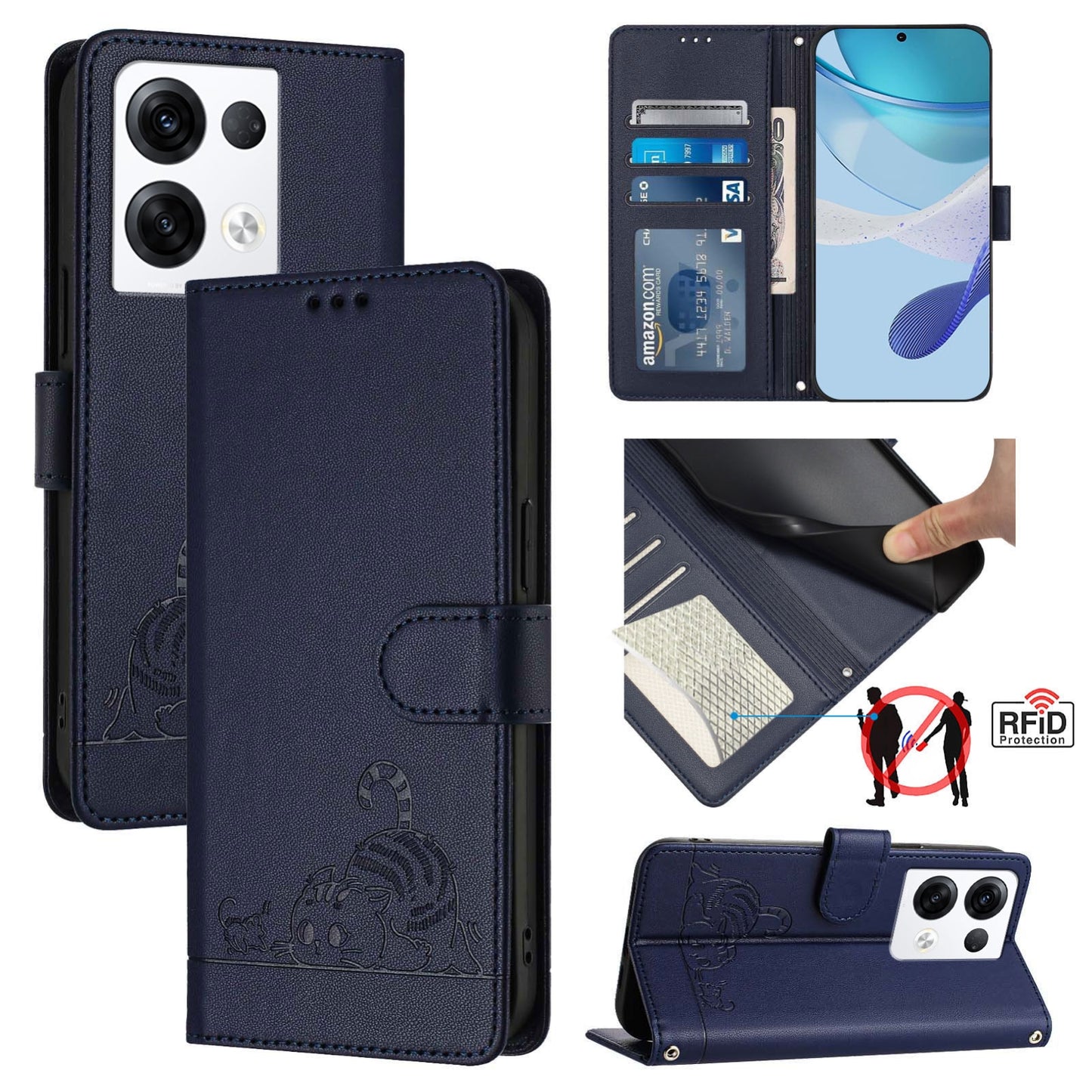 OPPO Reno8 Pro 5G Global Leather Phone Case with Cat and Rat Embossed Pattern, RFID Protection, Card Holder Slots, Anti-fall Feature & Lanyard