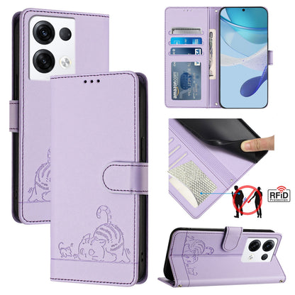 OPPO Reno8 Pro 5G Global Leather Phone Case with Cat and Rat Embossed Pattern, RFID Protection, Card Holder Slots, Anti-fall Feature & Lanyard