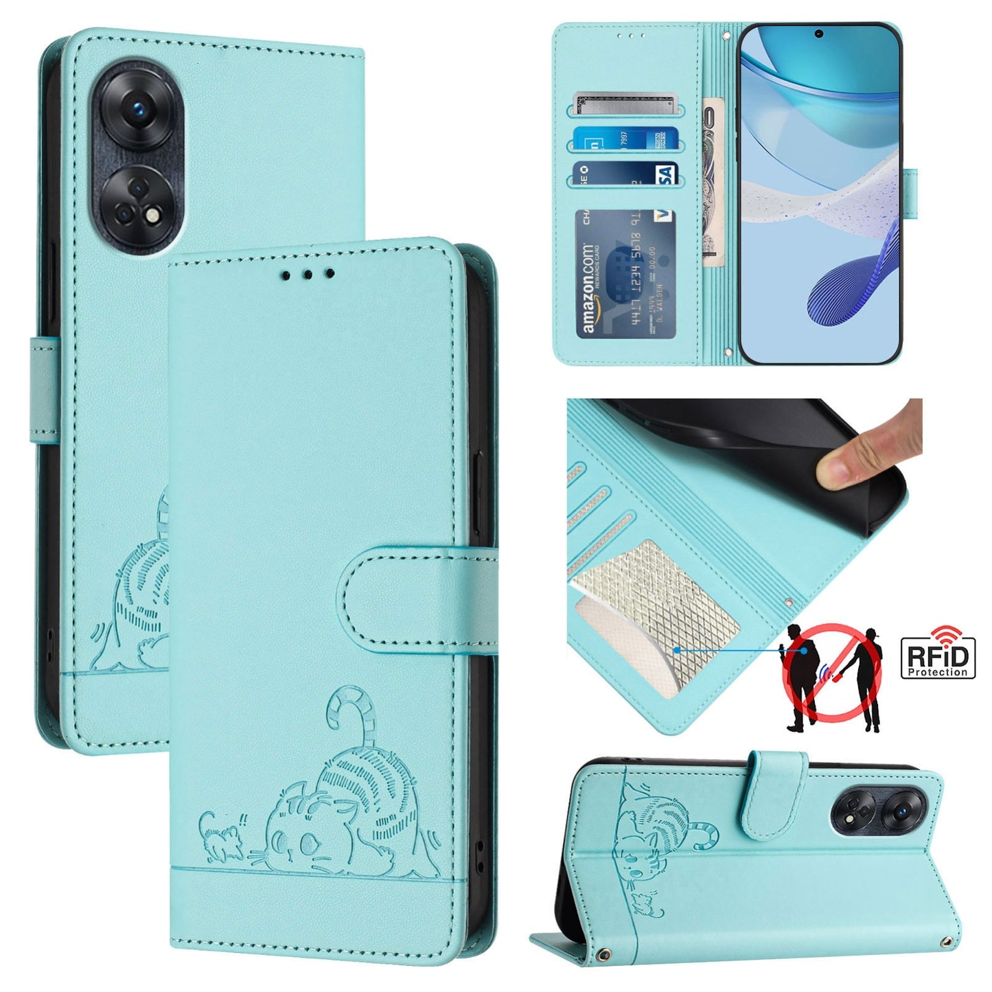OPPO Reno8 T 4G Global Leather Phone Case with Cat and Rat Embossed Pattern, RFID Protection, Card Holder Slots, Anti-fall Feature & Lanyard