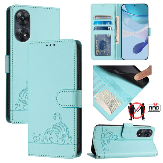 OPPO Reno8 T 4G Global Leather Phone Case with Cat and Rat Embossed Pattern, RFID Protection, Card Holder Slots, Anti-fall Feature & Lanyard
