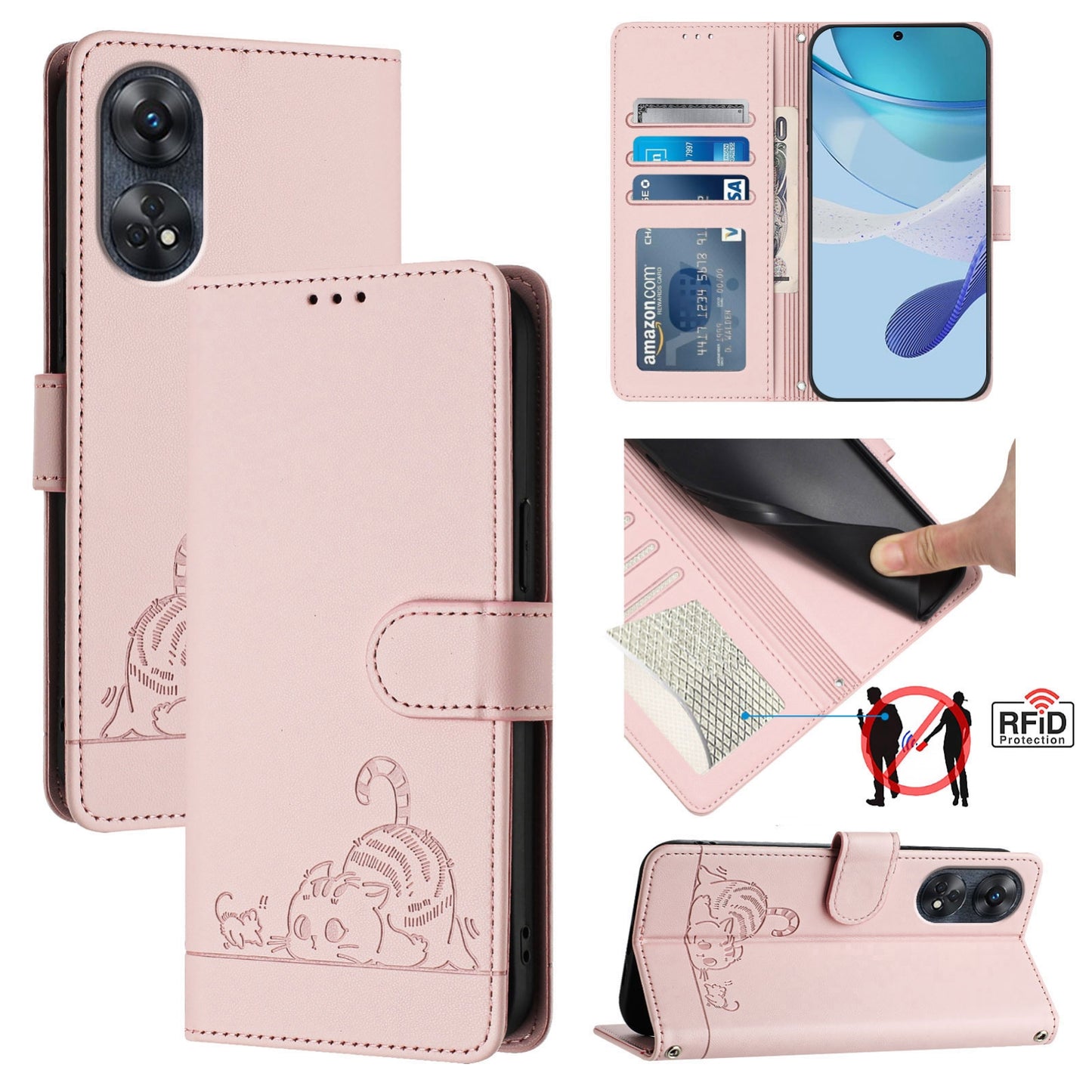 OPPO Reno8 T 4G Global Leather Phone Case with Cat and Rat Embossed Pattern, RFID Protection, Card Holder Slots, Anti-fall Feature & Lanyard