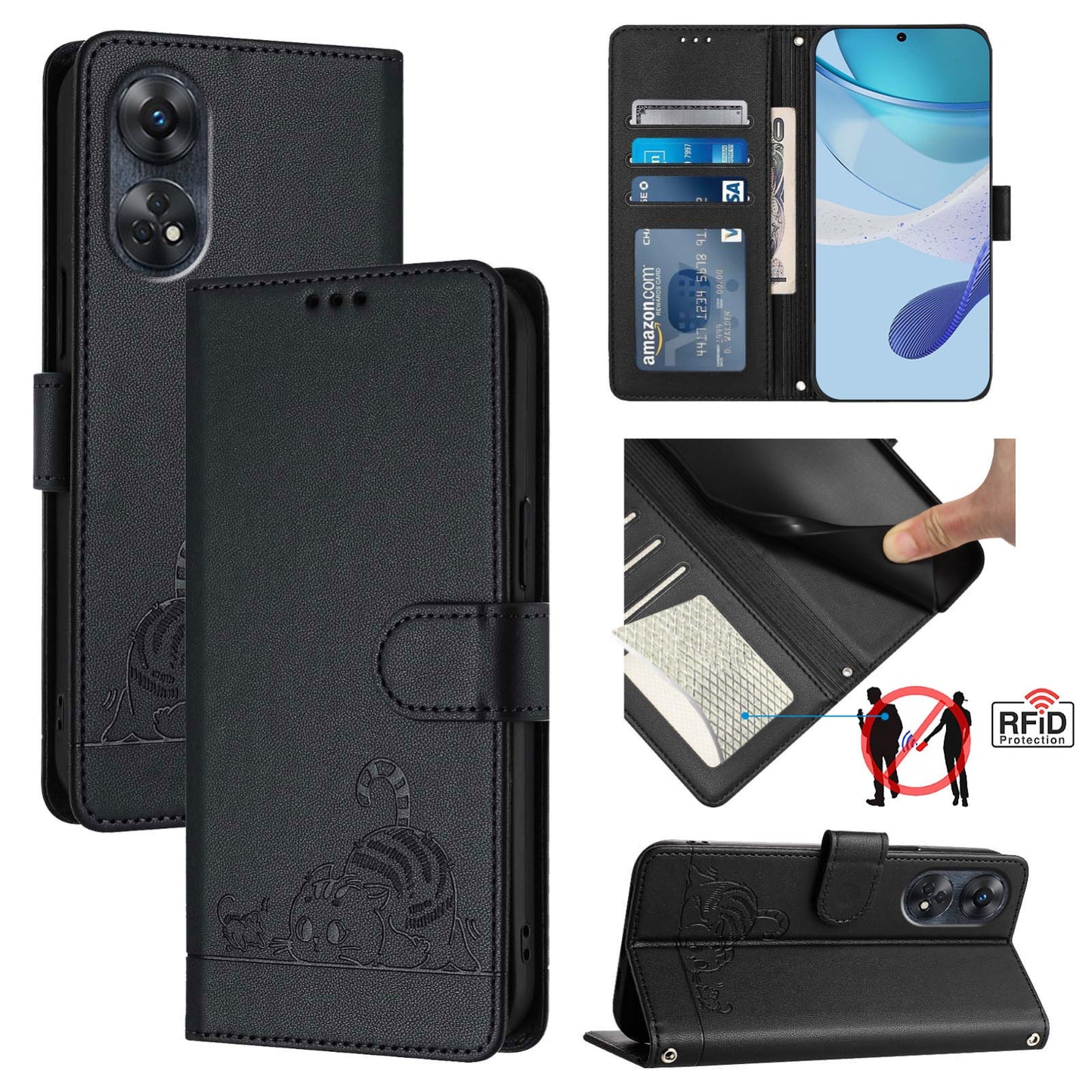 OPPO Reno8 T 4G Global Leather Phone Case with Cat and Rat Embossed Pattern, RFID Protection, Card Holder Slots, Anti-fall Feature & Lanyard