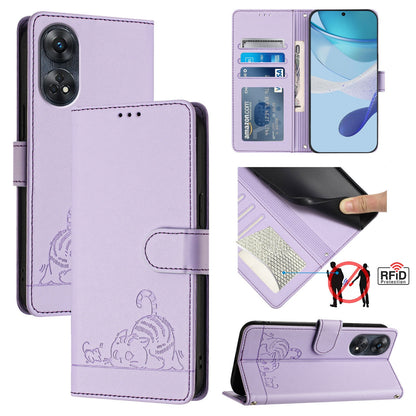 OPPO Reno8 T 4G Global Leather Phone Case with Cat and Rat Embossed Pattern, RFID Protection, Card Holder Slots, Anti-fall Feature & Lanyard