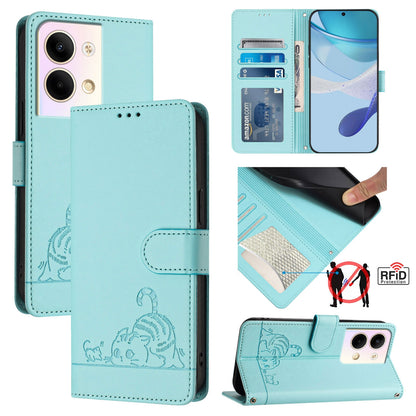 OPPO Reno9 Pro 5G Leather Phone Case with Cat and Rat Embossed Pattern, RFID Protection, Card Holder Slots, Anti-fall Feature & Lanyard