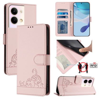 OPPO Reno9 5G Leather Phone Case with Cat and Rat Embossed Pattern, RFID Protection, Card Holder Slots, Anti-fall Feature & Lanyard