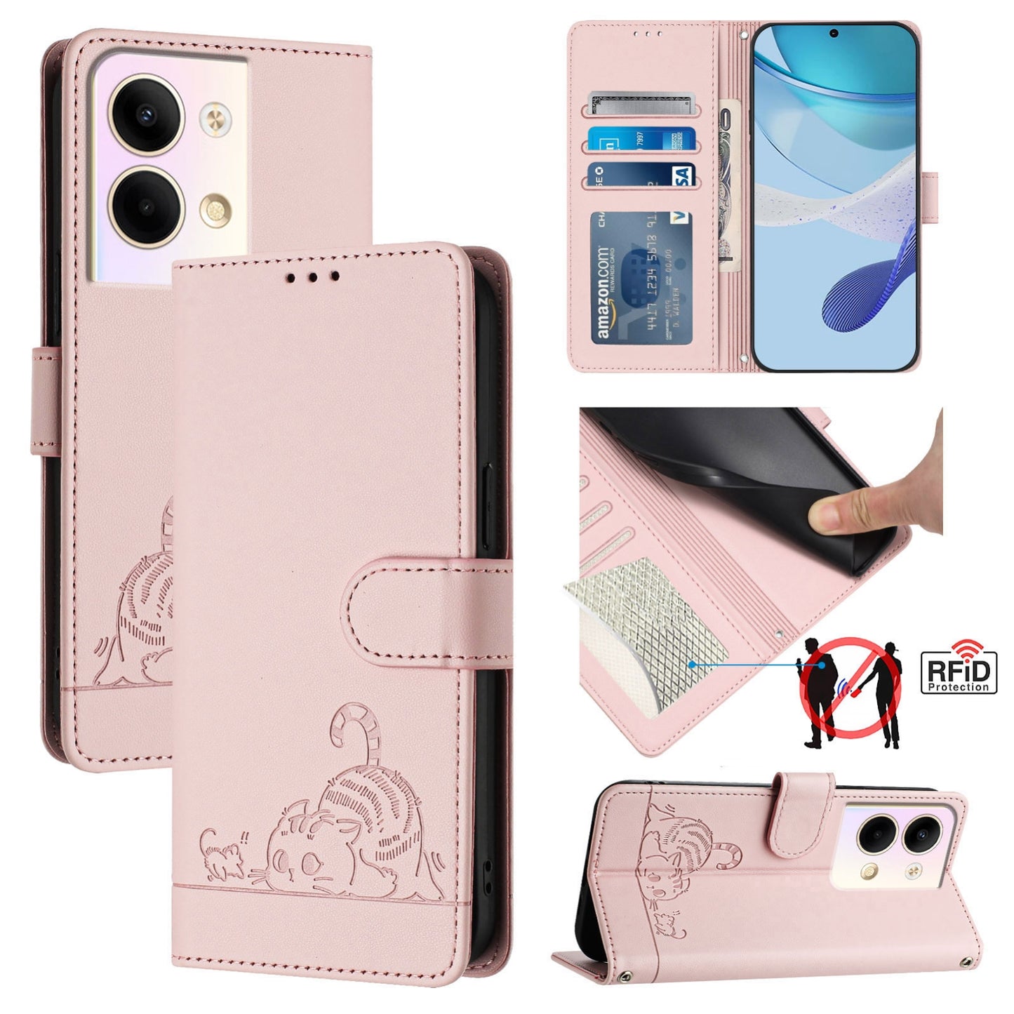 OPPO Reno9 Pro 5G Leather Phone Case with Cat and Rat Embossed Pattern, RFID Protection, Card Holder Slots, Anti-fall Feature & Lanyard