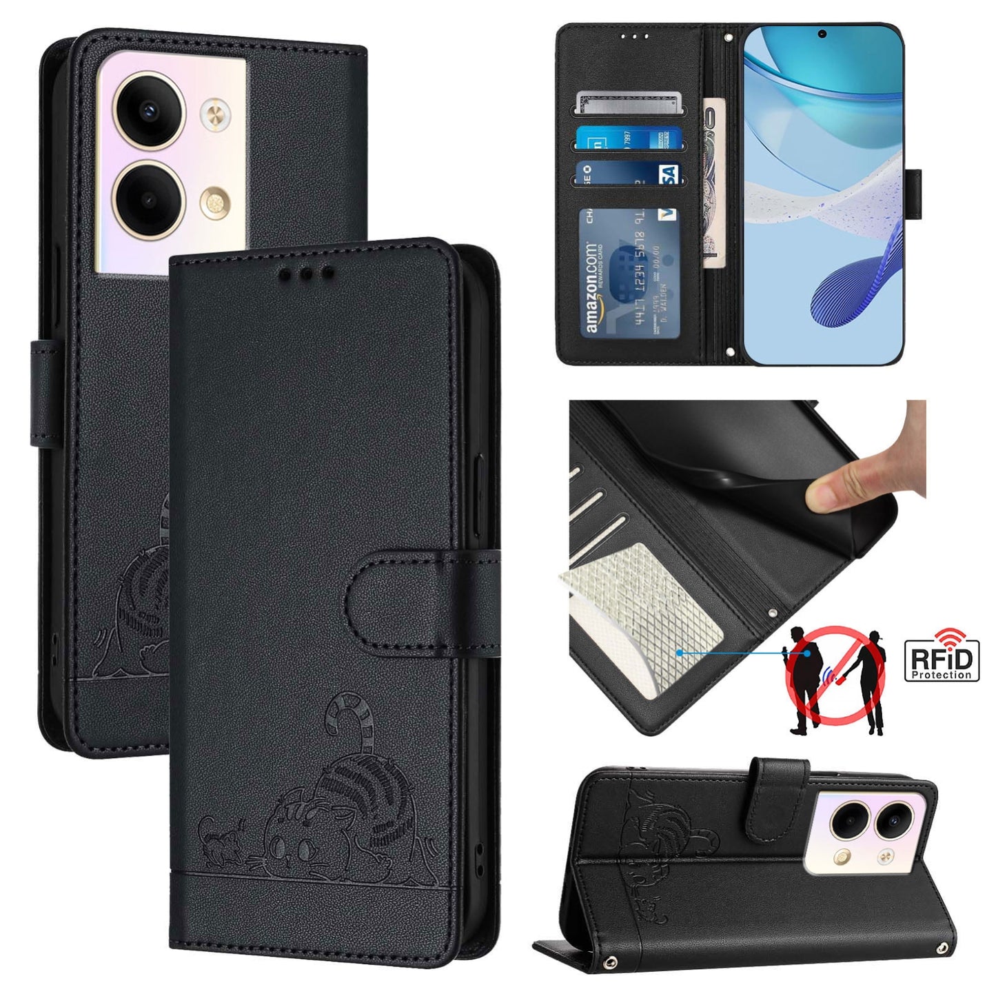 OPPO Reno9 Pro 5G Leather Phone Case with Cat and Rat Embossed Pattern, RFID Protection, Card Holder Slots, Anti-fall Feature & Lanyard
