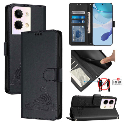 OPPO Reno9 Pro 5G Leather Phone Case with Cat and Rat Embossed Pattern, RFID Protection, Card Holder Slots, Anti-fall Feature & Lanyard
