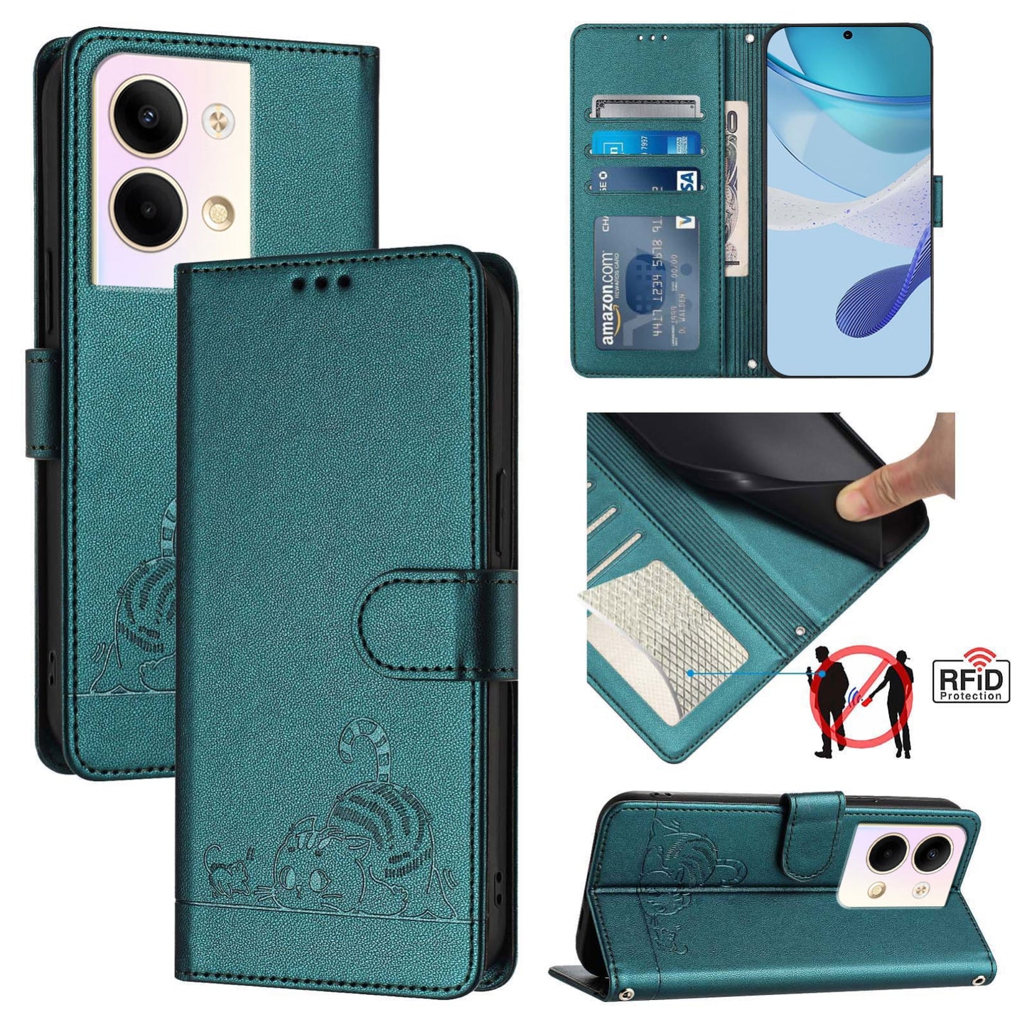 OPPO Reno9 Pro 5G Leather Phone Case with Cat and Rat Embossed Pattern, RFID Protection, Card Holder Slots, Anti-fall Feature & Lanyard