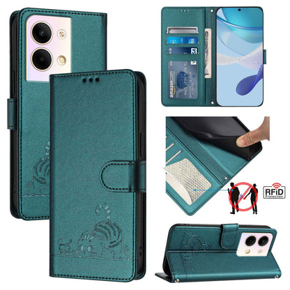 OPPO Reno9 Pro 5G Leather Phone Case with Cat and Rat Embossed Pattern, RFID Protection, Card Holder Slots, Anti-fall Feature & Lanyard