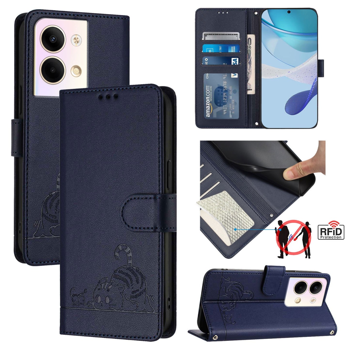 OPPO Reno9 Pro 5G Leather Phone Case with Cat and Rat Embossed Pattern, RFID Protection, Card Holder Slots, Anti-fall Feature & Lanyard