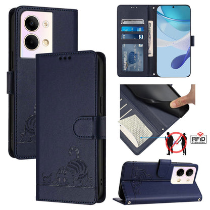 OPPO Reno9 Pro 5G Leather Phone Case with Cat and Rat Embossed Pattern, RFID Protection, Card Holder Slots, Anti-fall Feature & Lanyard