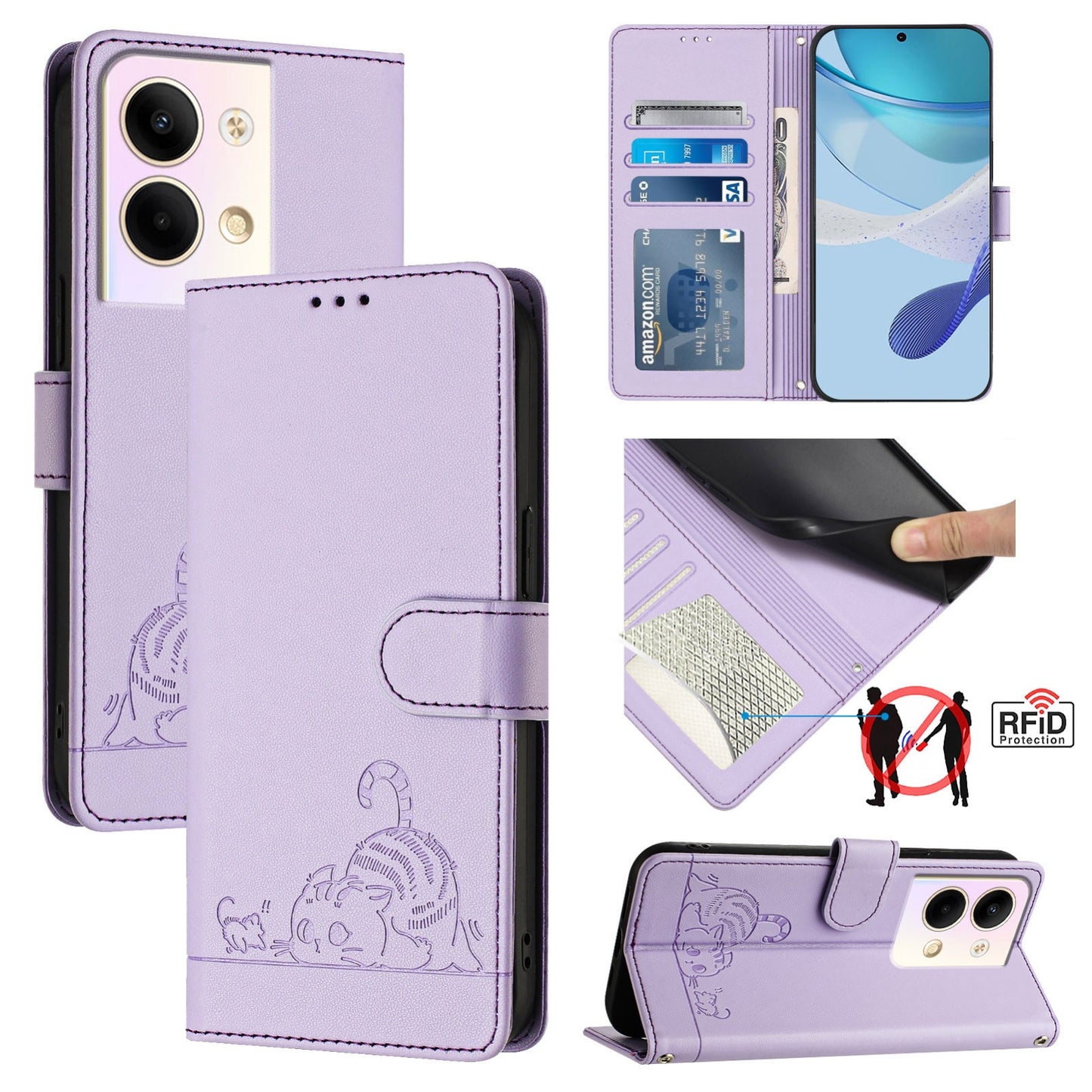 OPPO Reno9 5G Leather Phone Case with Cat and Rat Embossed Pattern, RFID Protection, Card Holder Slots, Anti-fall Feature & Lanyard
